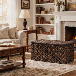 Sunvega Blackwashed Water Hyacinth Storage Trunk with Intricate Diamond Weave Pattern