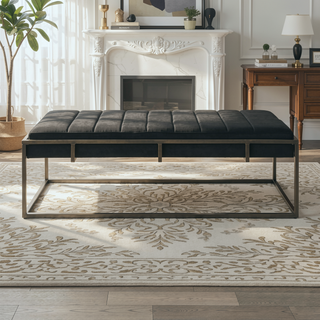 Sunvega Modern Velvet Ottoman Bench with Plush Channel Pleating and Brass Finish