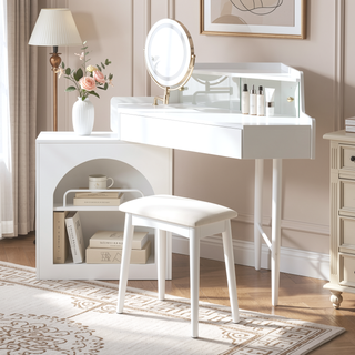 Sunvega White Corner Makeup Vanity Desk With Folding Mirror LED Lights And Stool