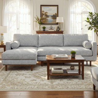 Sunvega Mist Grey Woven-Blend Fabric Left-Facing Sectional Sofa with Feather Cushions