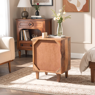 Sunvega Natural Wood Nightstand with Storage Drawer and Cabinet for Bedroom