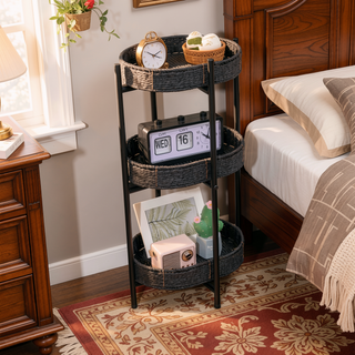 Sunvega 3 Tier Oval Paper Rope Woven Side Table with Detachable Tray Storage Basket