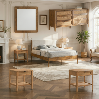 Sunvega Rubberwood Bedroom Set with Queen Upholstered Bed Dresser Mirror Nightstands
