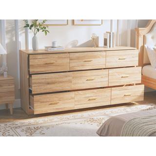 Sunvega Modern Black 9-Drawer Dresser with Golden Handles for Bedroom Storage