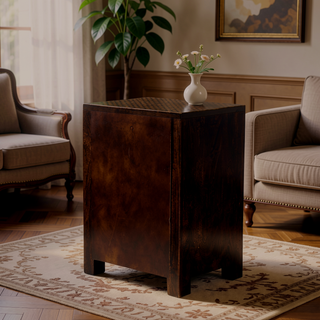 Sunvega Handcrafted Mango Wood Nightstand with Buffalo Bone Inlay and Three Drawers