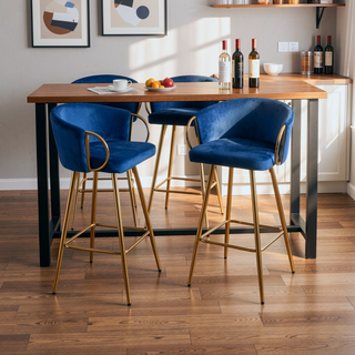 Sunvega 30 Inch Set of 2 Velvet Bar Stools with Chrome Footrest and Golden Leg