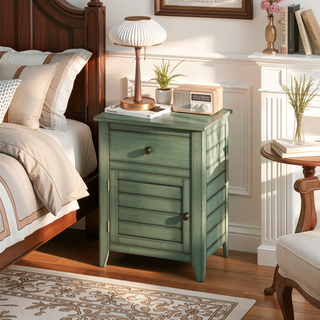 Sunvega Antique Green Veneer Nightstand with Storage Drawer and Cabinet for Bedroom