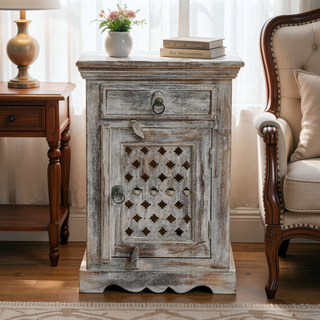 Sunvega Handcrafted Mango Wood Nightstand with Washed Finish Drawer and Cabinet