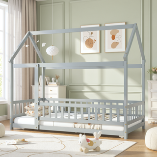 Sunvega Twin Size Wooden Floor Bed with Roof Frame and Safety Guardrails in Grey
