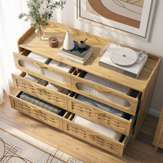 Sunvega Mid-Century Wood Storage Cabinet with 3 Woven Doors and Adjustable Shelf