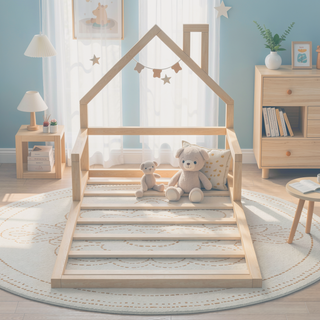 Sunvega Natural Wood Floor Bed with House-Shaped Headboard for Kids Room