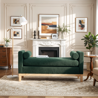 Sunvega Upholstered Bench with Wood Legs, Bolster Pillows for Bedroom, Living Room, Green