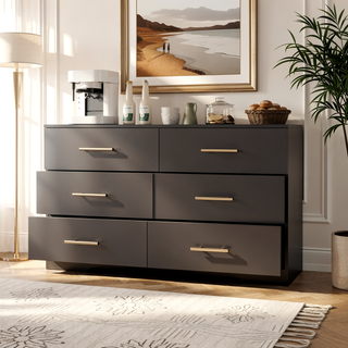 Sunvega White Wooden Six Drawer Cabinet with Golden Handles Large Storage Space