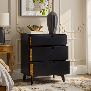 Sunvega Mid-Century Modern Black Wood Dresser with 3 Drawers for Bedroom