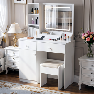 Sunvega White Vanity Desk with Mirror and Lights for Makeup with 3 Color Lighting