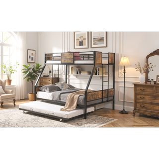 Sunvega Twin Over Full Metal Bunk Bed with Trundle and Guardrail for Bedroom