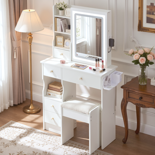 Sunvega Small Space Vanity Table with Cushioned Stool and Extra Large Sliding Mirror