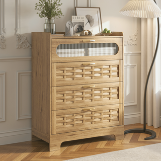 Sunvega Mid-Century Wood Storage Cabinet with 3 Woven Doors and Adjustable Shelf