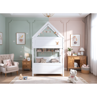 Sunvega Twin Over Twin Wooden House Bunk Bed with Headboards Footboards Guardrails Ladder