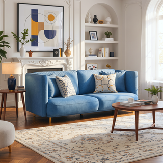 Sunvega Muted Blue Loveseat with Tufted Backrest and Tapered Wooden Legs