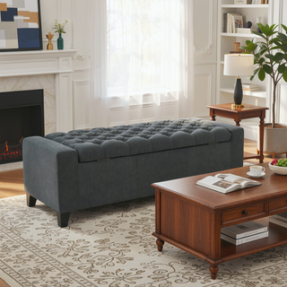 Sunvega Dark Blue Tufted Storage Ottoman with Removable Lid for Living Room
