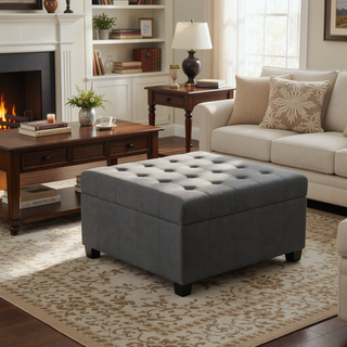 Sunvega Fabric Ottoman with Tufted Waffle Lid and Soft-Closing Hinges for Storage