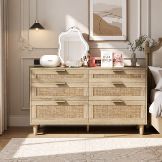 Sunvega Modern Natural Rattan 6 Drawer Dresser with Wood Legs for Bedroom Storage