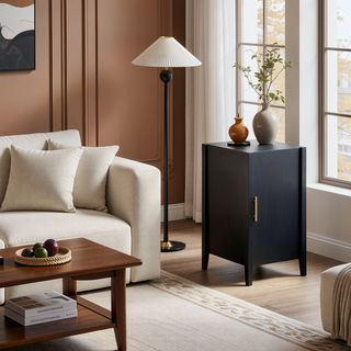 Sunvega Modern 4-Vertical Wavy Slatted Doors Sideboard with Solid Wood Legs and Metal Handles for Dining Room