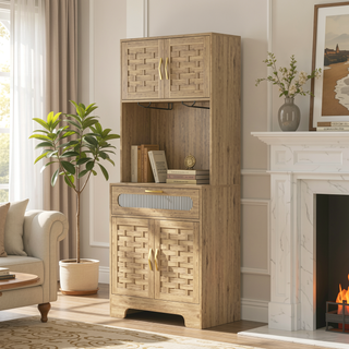 Sunvega Mid-Century Wood Storage Cabinet with 3 Woven Doors and Adjustable Shelf