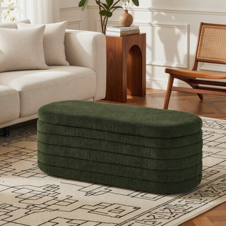 Sunvega Modern Oval Upholstered Boucle Teddy Fabric Storage Ottoman Bench with Safety Hinge