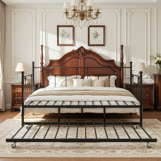 Sunvega Twin Size Victorian Style Metal Daybed Frame with Trundle Set for Guest Room