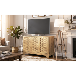 Sunvega Mid-Century Wood Storage Cabinet with 3 Woven Doors and Adjustable Shelf