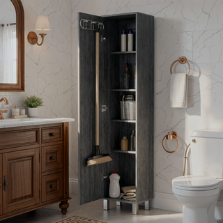 Sunvega Tall Storage Cabinet with Single Door and 3 Broom Hangers