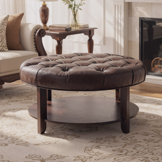 Sunvega Round Ottoman with Faux Leather Upholstery and Open Shelf for Living Room