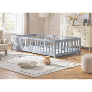 Sunvega Natural Rubber Wood Twin Size Floor Bed with Safety Guardrails and Door