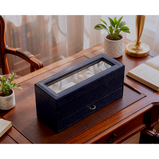 Sunvega 9.3" Long Navy-Blue Textured Leatherette Jewelry and Watch Display with Drawers