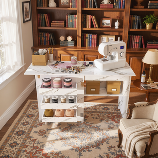Sunvega 4-in-1 Folding Sewing Table with Lockable Wheels and Shelves for Crafting