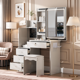 Sunvega 7-Drawer Vanity Desk with LED Mirror Jewelry Storage and PU Stool