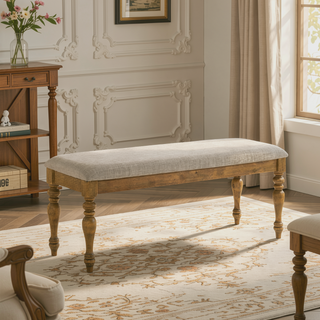 Sunvega Antique Natural Oak Wood Dining Bench with Cushion for Kitchen Dining Room