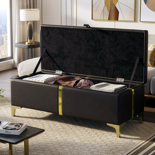 Sunvega Elegant Upholstered Storage Ottoman Bench with Metal Legs for Bedroom and Living Room