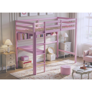 Sunvega Pink Rubber Wood Twin High Loft Bed with Safety Guardrail and Built-in Desk