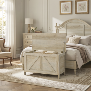 Sunvega Farmhouse Storage Chest Organizer with Safety Hinge and Wood Grain Effect