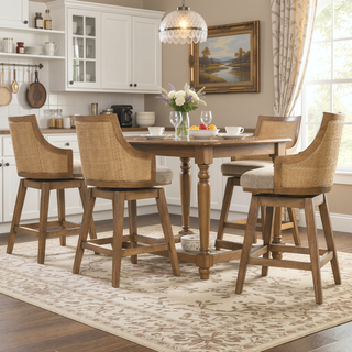 Sunvega Handcrafted Taupe Beige Cane Rattan Swivel Counter Stool with Recessed Arms
