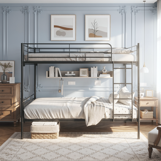 Sunvega Sturdy Twin over Twin Metal Bunk Bed Frame with Ladder and Vintage Headboard