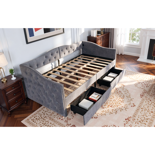 Sunvega Upholstered Twin Daybed with Storage Drawers and Mid-Century Wood Frame