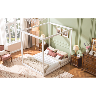 Sunvega White Queen Size Canopy Platform Bed with Support Legs and Sturdy Frame