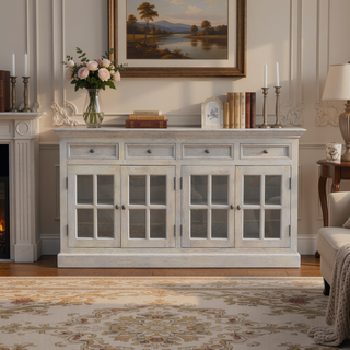 Sunvega Solid Mango Wood Acid Wash Glazed Sideboard with Four Drawers and Four Shelves