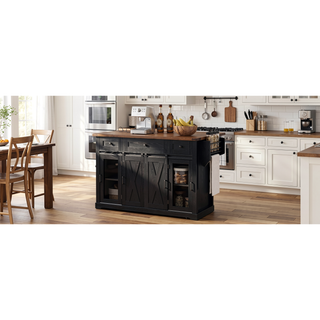 Sunvega Farmhouse Kitchen Island with Storage Sliding Barn Door Drop Leaf and Charging Station