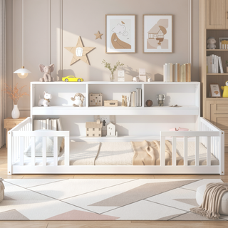 Sunvega Twin Floor Bed with Bedside Bookcase Guardrails and Shelves in Grey