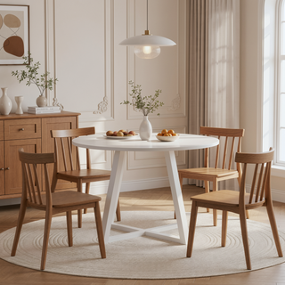 Sunvega Contemporary Round Dining Table with Trestle Base in White Finish